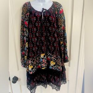 Sahalie Women's Large Floral Peasant Dress Long Sleeve Lace Boho Layered